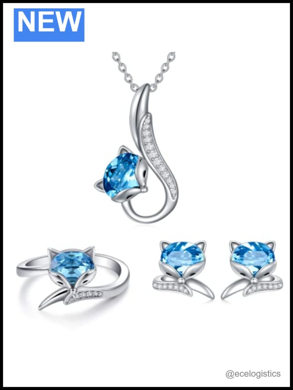 Sterling Silver Fox Stud Earrings Necklace Ring Set Aquamarine Crystal